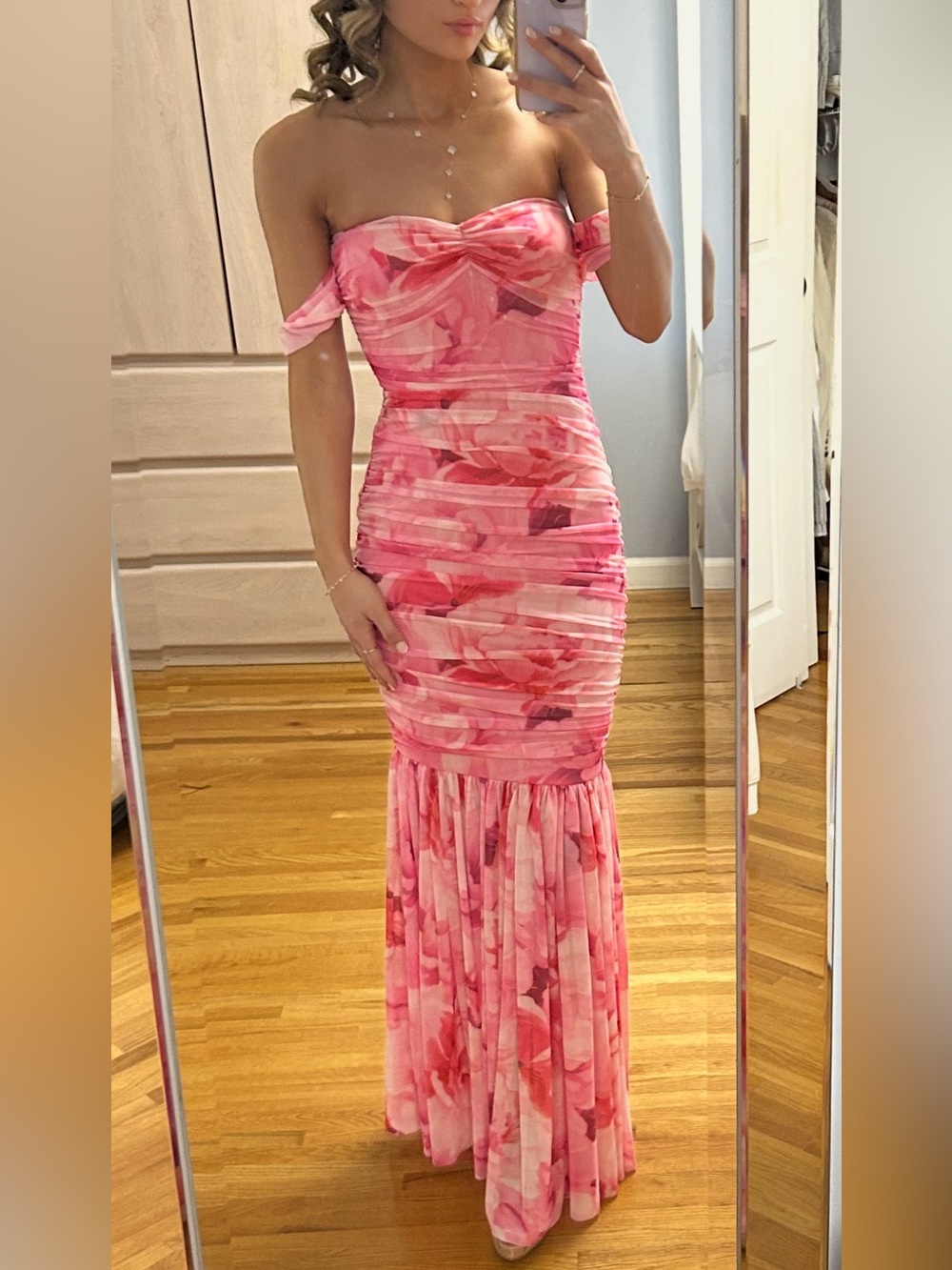 Bebe Pink Floral Off-Shoulder Ruched Mermaid Dress